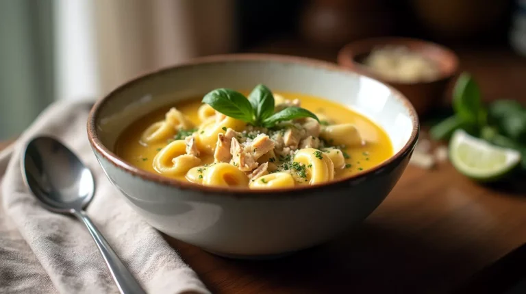 Bowl of creamy marry me chicken tortellini soup with parmesan and basil