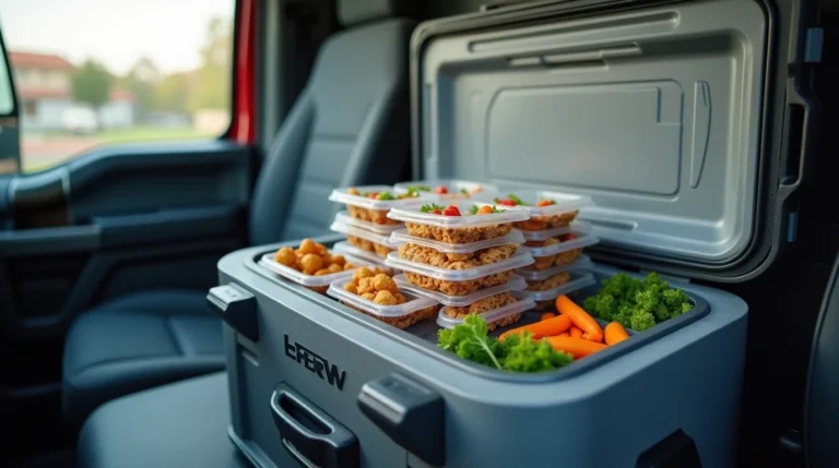 Meal prep for truck drivers with containers stored in a truck cab cooler