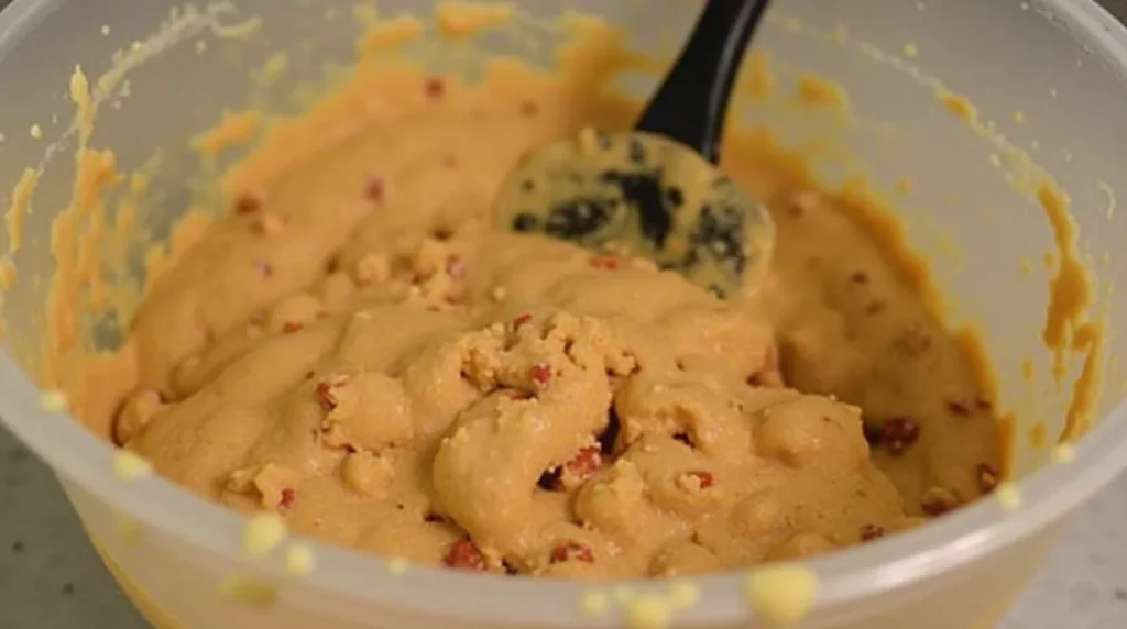 Banana bread batter with Reese’s candy pieces being stirred in a bowl