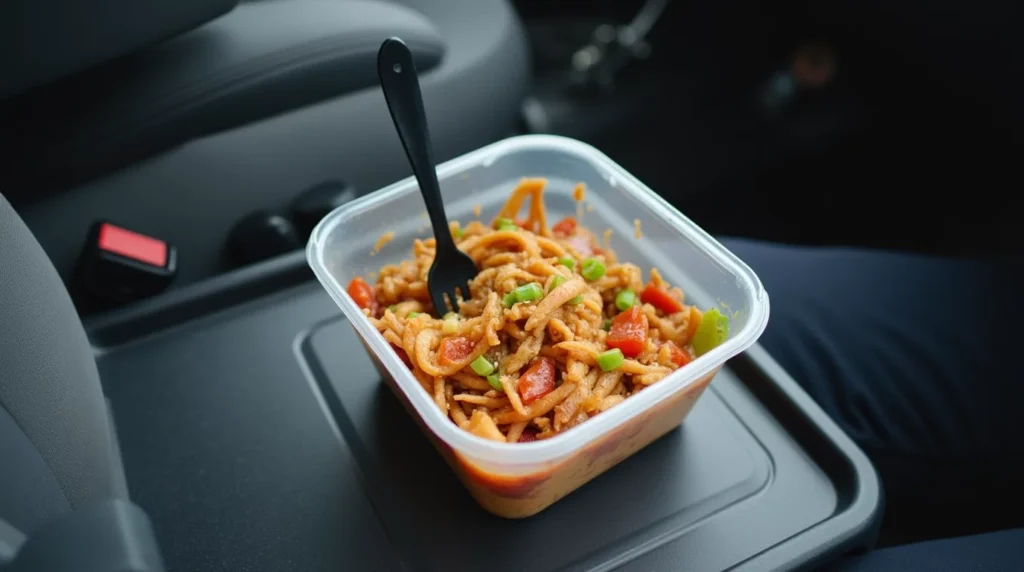 Stir-fry in a plastic container ready to eat during meal prep for truck drivers
