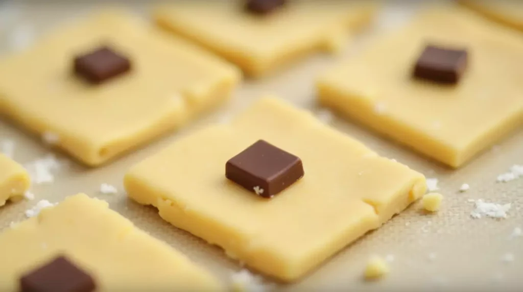 Pretzel dough squares filled with chocolate chunks on a counter