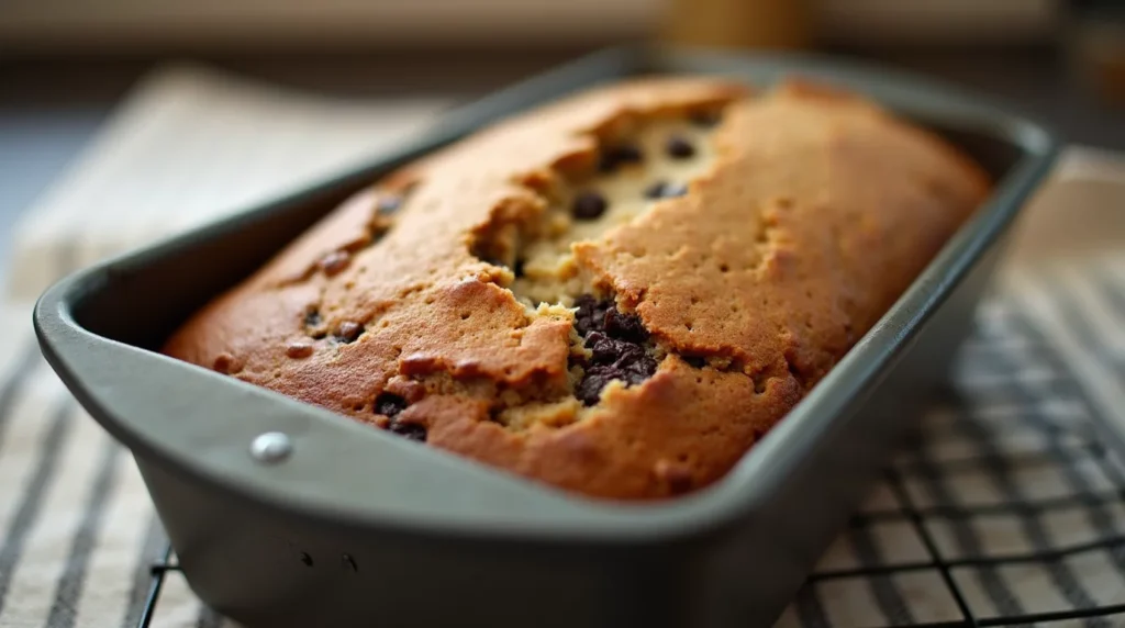Warm banana bread loaf just out of the oven, with peanut butter and chocolate swirls