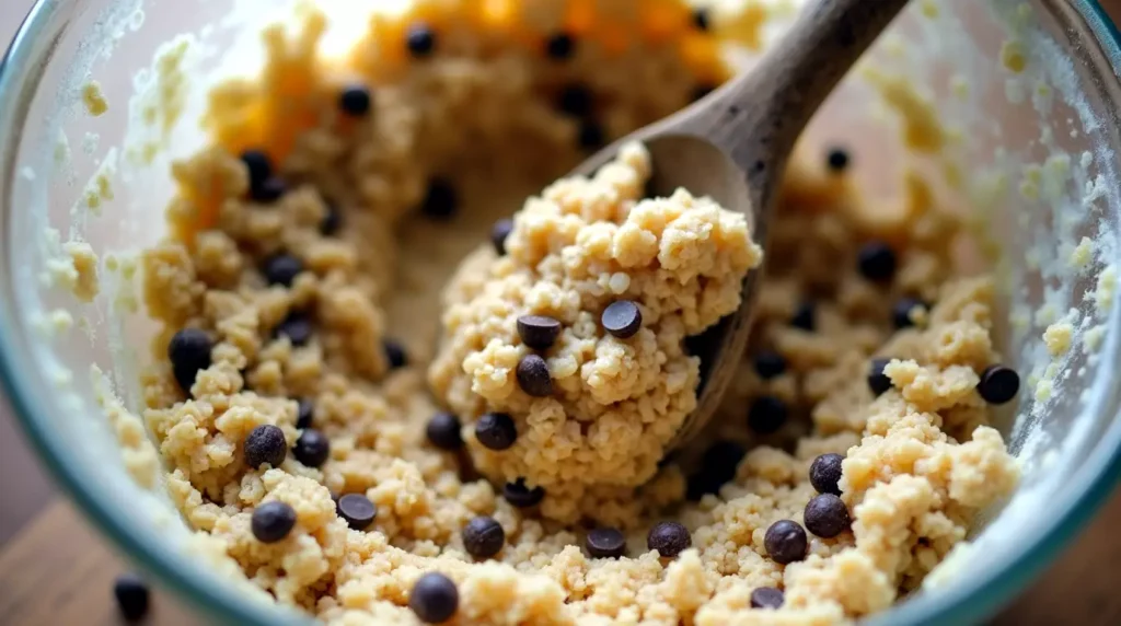 Cookie dough with chocolate chips and Rice Krispies in a mixing bowl