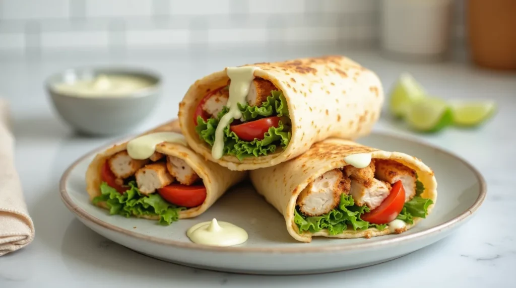 Fully assembled chicken shawarma wrap cut open to show juicy chicken and creamy garlic sauce