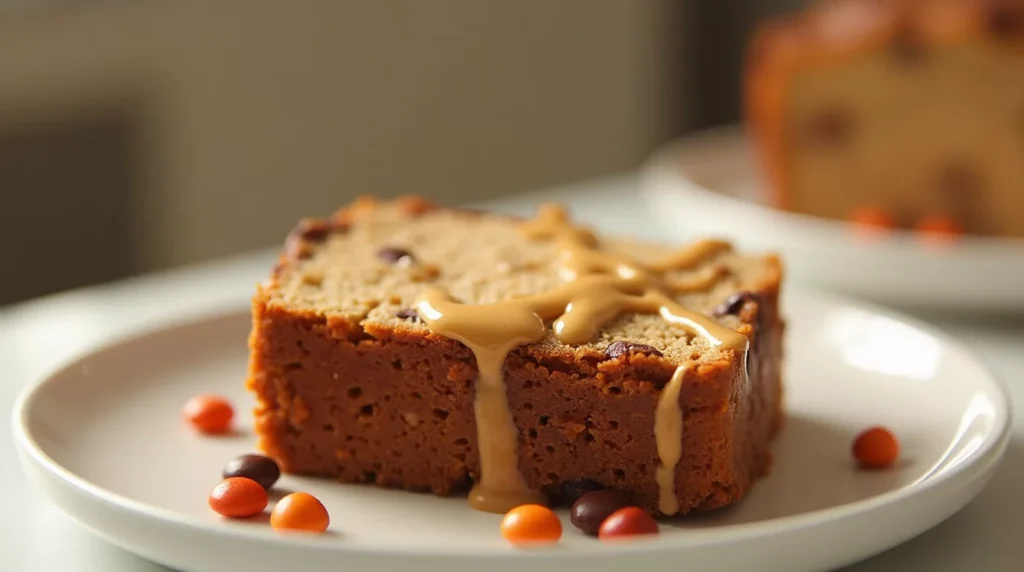 Thick slice of Reese’s peanut butter banana bread with peanut butter drizzle on a plate
