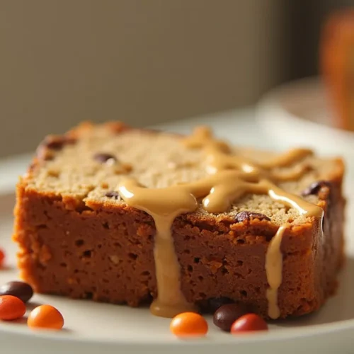 Thick slice of Reese’s peanut butter banana bread with peanut butter drizzle on a plate