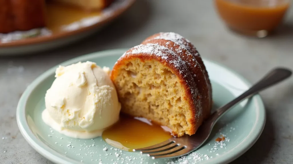 Slice of sticky toffee pudding bundt cake with vanilla ice cream