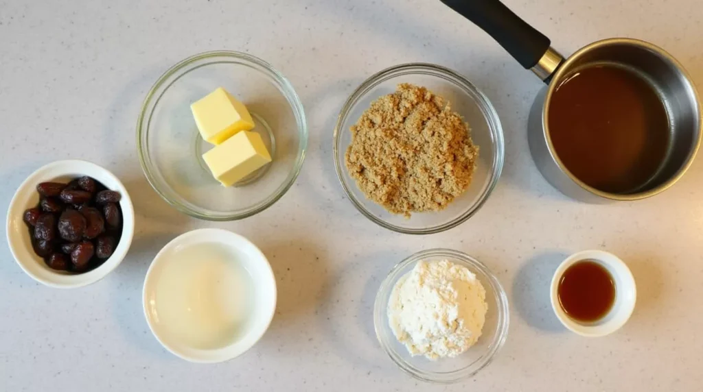 Ingredients for sticky toffee pudding bundt cake laid out on kitchen counter