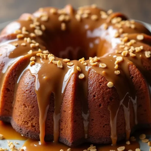 Homemade sticky toffee pudding bundt cake with warm toffee glaze
