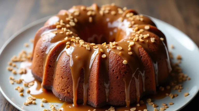 Homemade sticky toffee pudding bundt cake with warm toffee glaze
