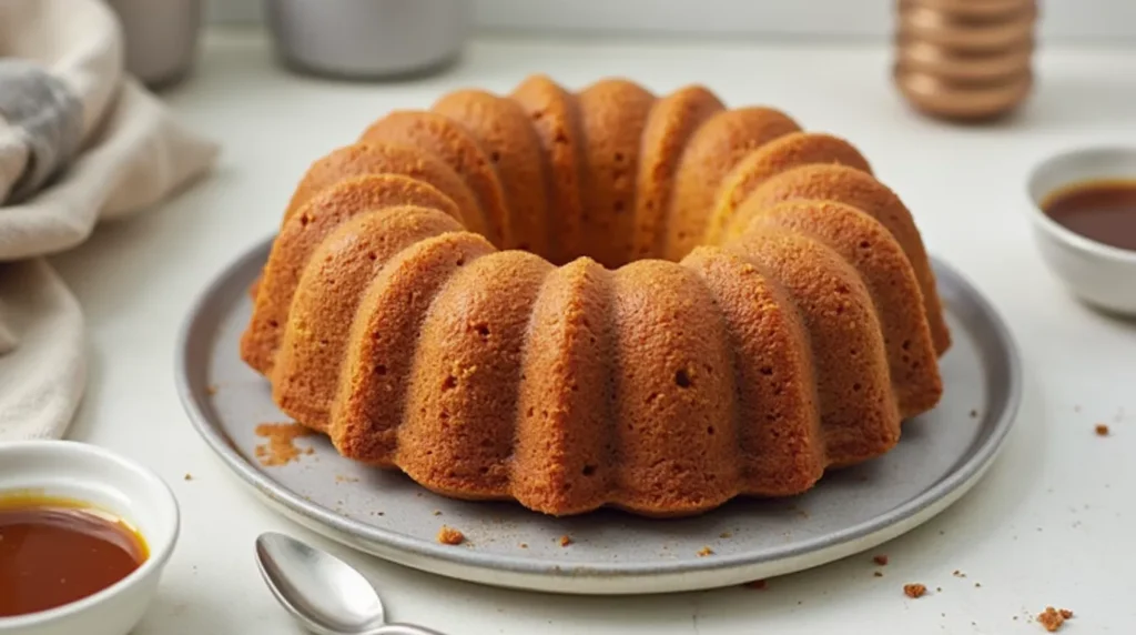 Whole sticky toffee pudding bundt cake with bowl of sauce beside it