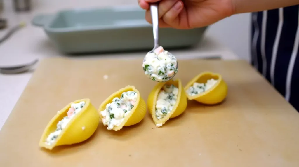 A pasta shell being filled with creamy salmon and spinach ricotta mixture