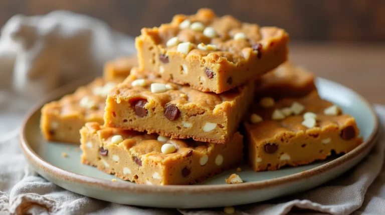 Chewy Texas gold bars stacked on a plate with golden tops and nuts