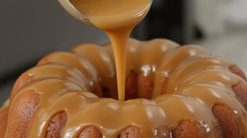 Warm toffee sauce pouring over sticky toffee pudding bundt cake