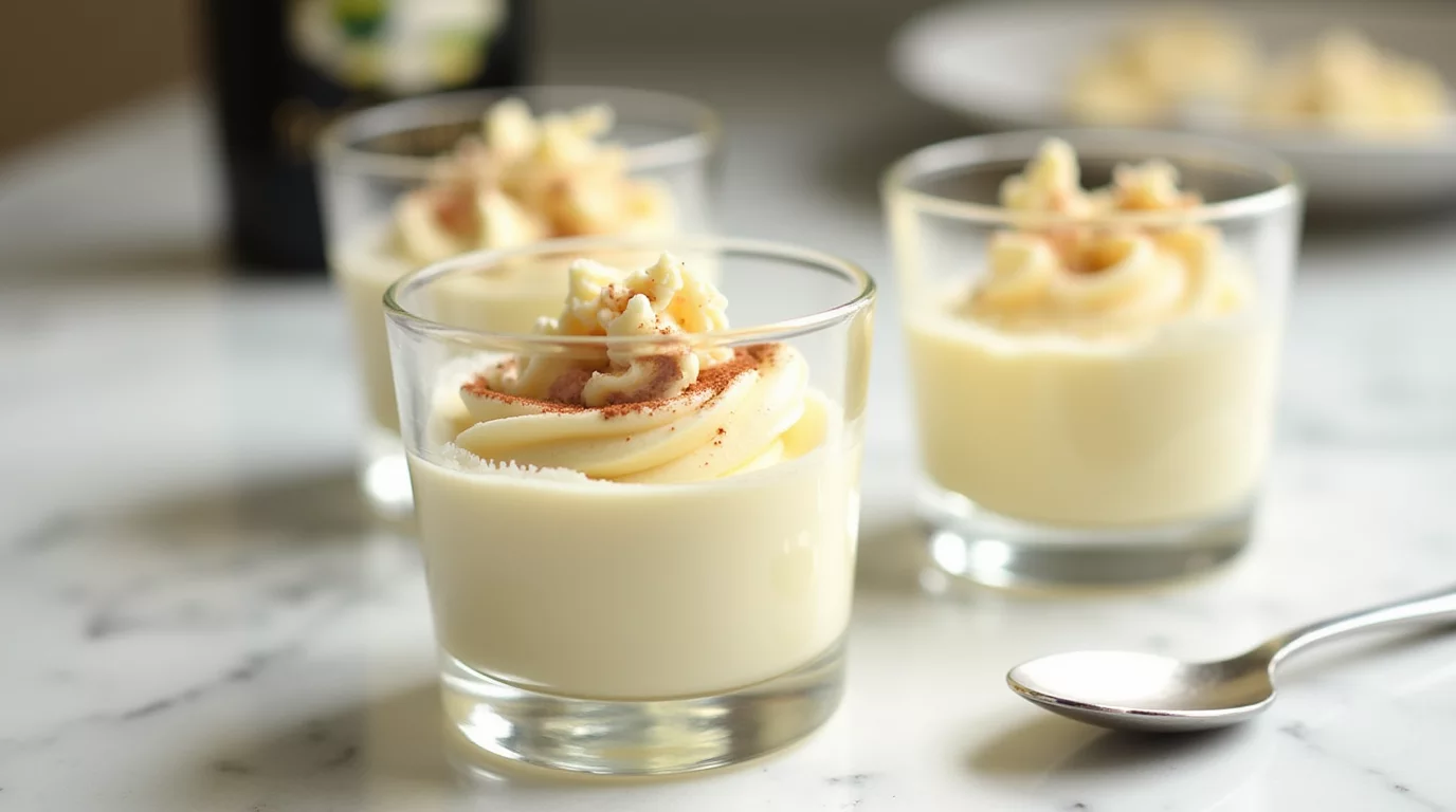 Creamy white chocolate and Baileys mousse served in small clear glasses
