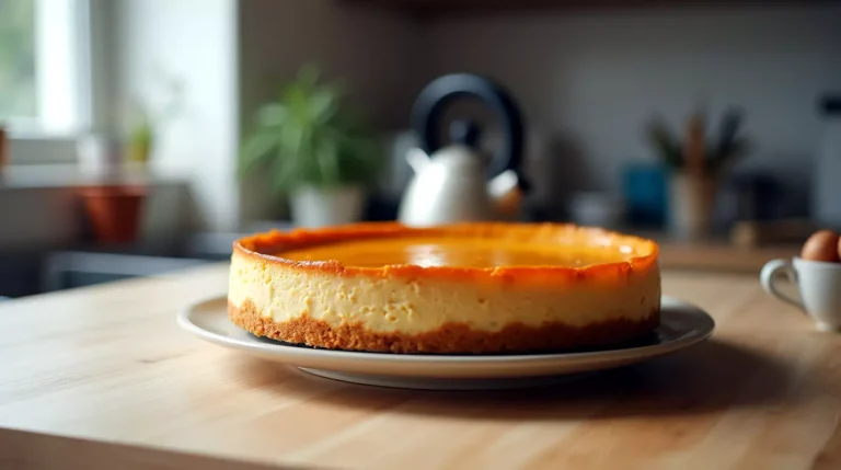 Homemade Earl Grey tea cheesecake sitting on a casual kitchen counter