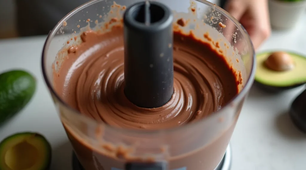 Chocolate avocado mousse being blended in a food processor