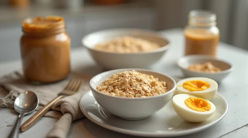 Breakfast meal prep scene with oats, hard-boiled eggs, and peanut butter on a basic kitchen counter