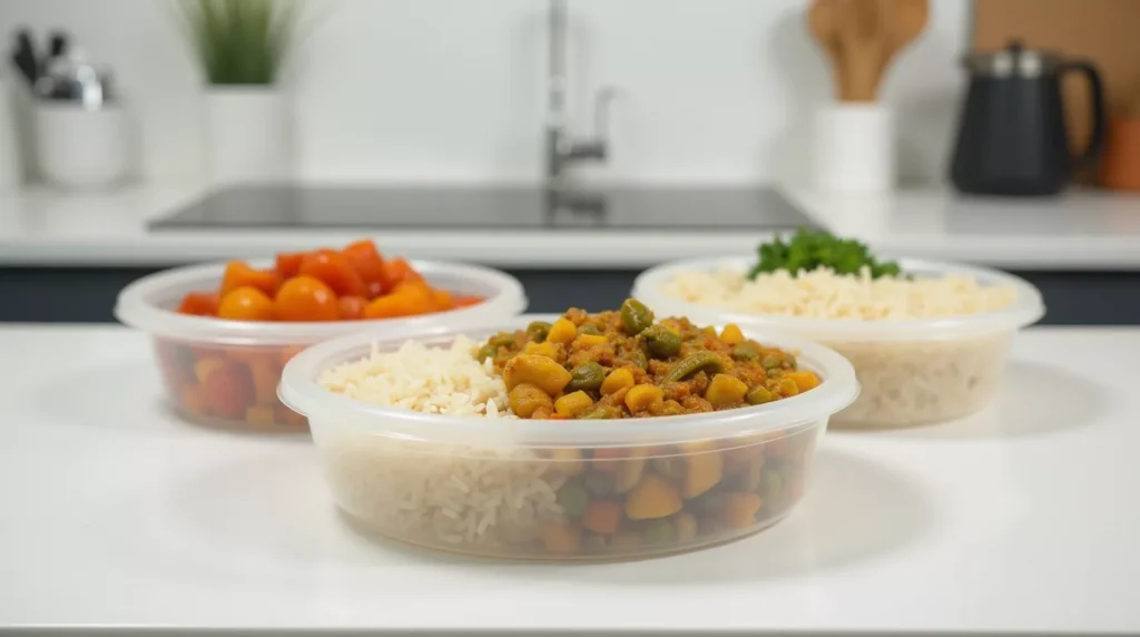 Plastic containers filled with rice, lentils, and mixed vegetables for affordable meal prep