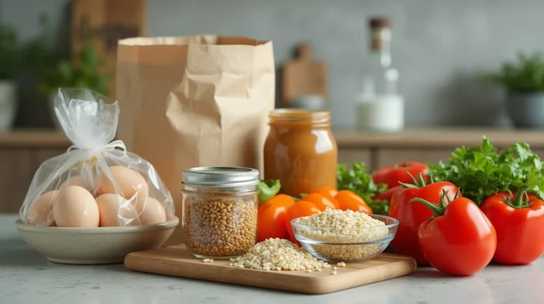 budget meal prep for beginners. Groceries like oats, eggs, canned tuna, lentils, and frozen veggies laid out for budget meal prep