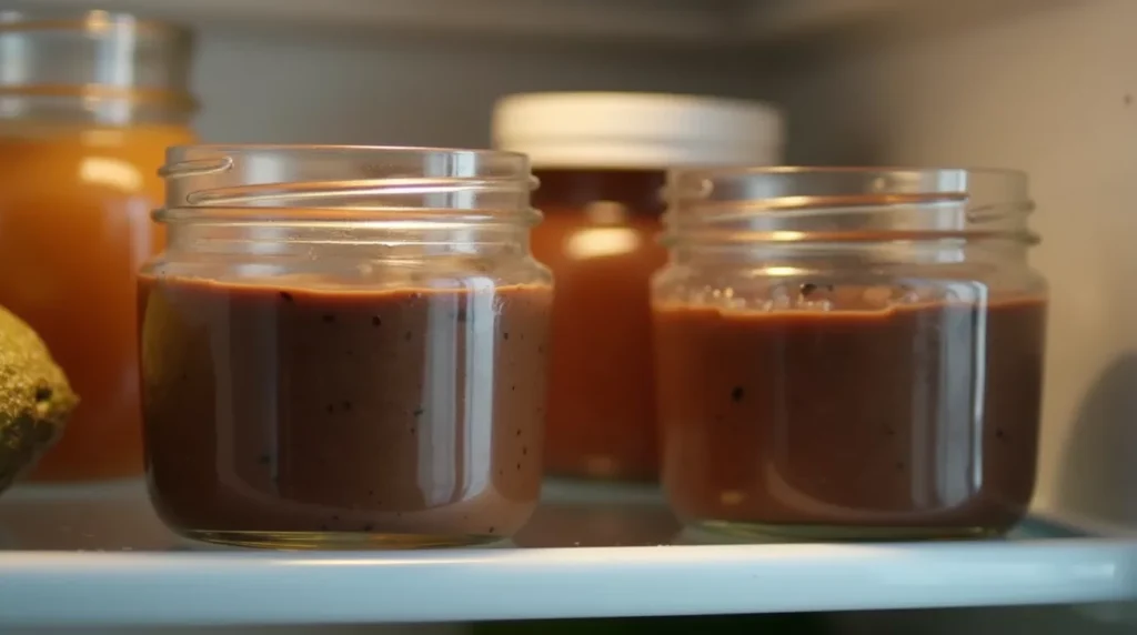 Ramekins of chocolate avocado mousse chilling on a refrigerator shelf
