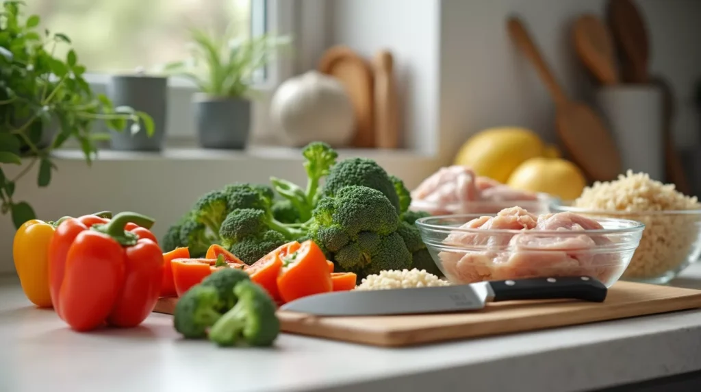 A photo of chopped bell peppers, broccoli, rice, and raw chicken laid out for meal prep on a plain kitchen counter