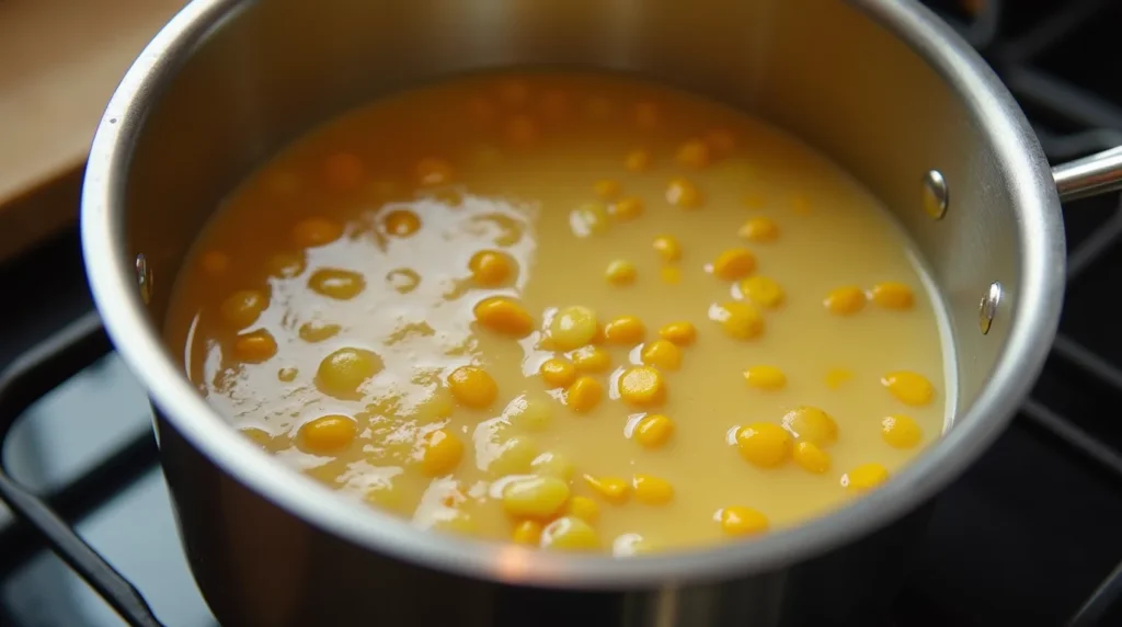 Pot of corn chowder with bubbling broth, corn, and potatoes