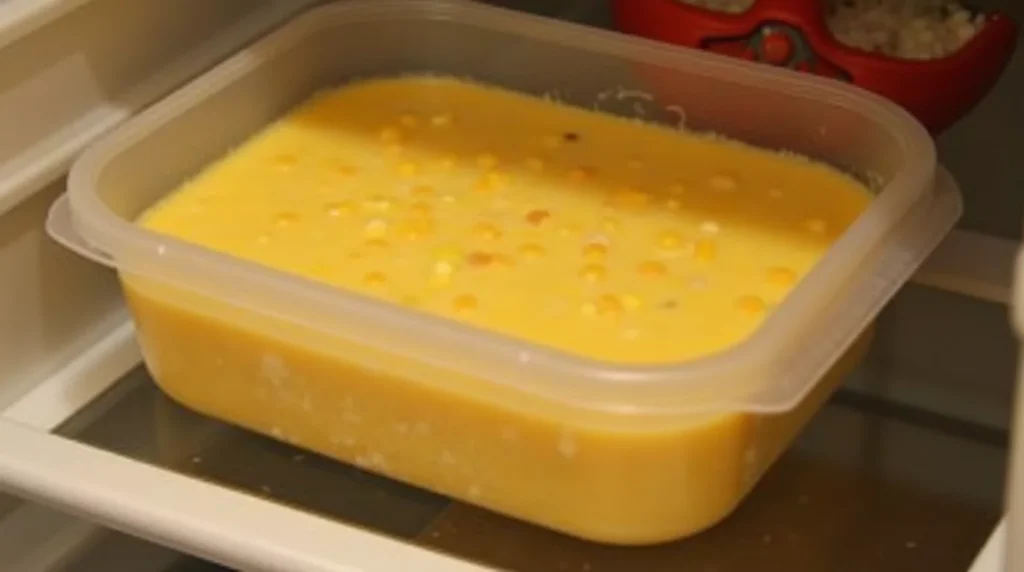 Homemade corn chowder stored in a plastic container on a fridge shelf
