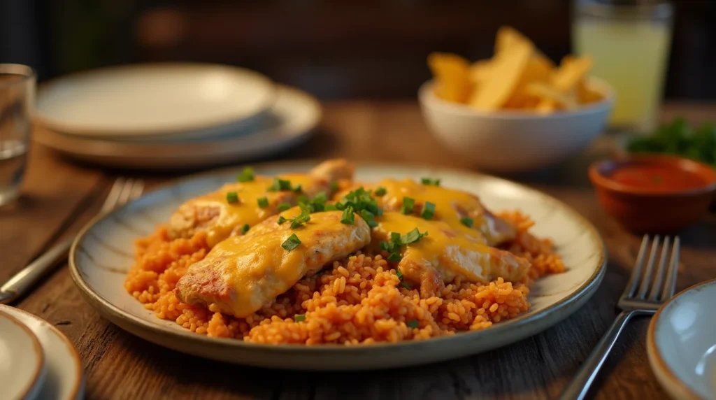 Dish of chicken cheese and rice on a casual dinner table with sides