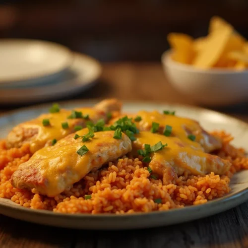 Dish of chicken cheese and rice on a casual dinner table with sides