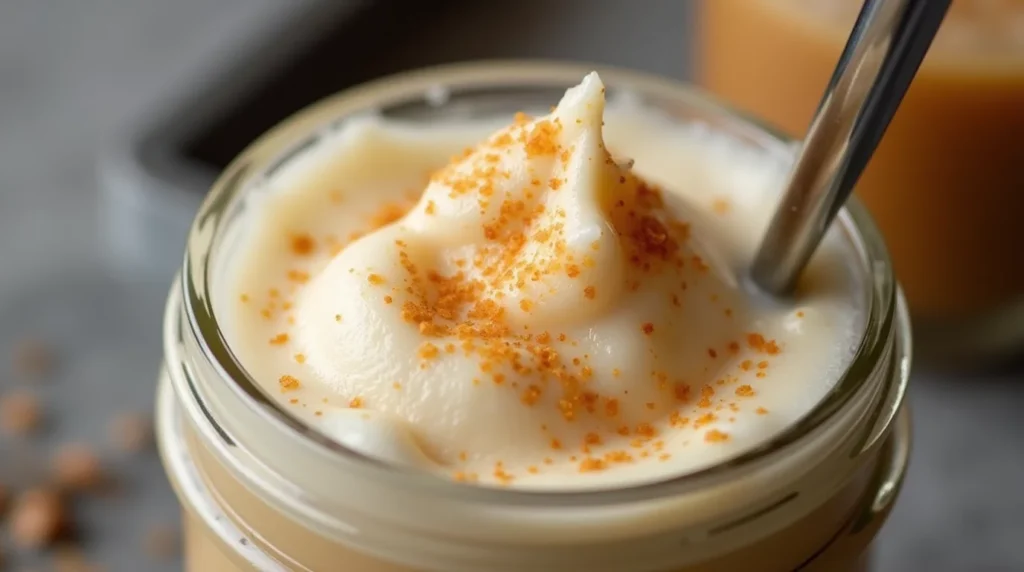 Salted caramel cold foam in a mixing jar beside a frother