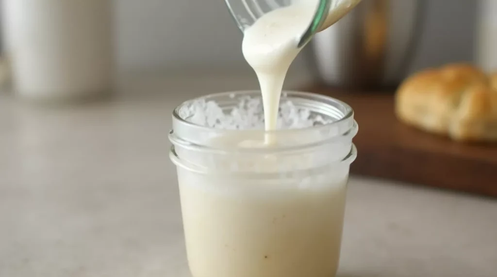 Milk and cream being frothed in a small jar for lavender cold foam