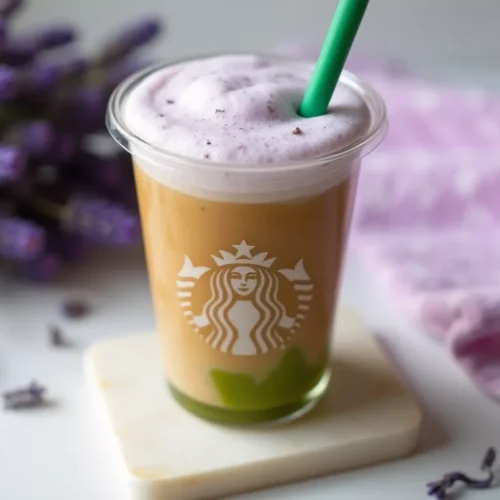 Glass of iced coffee topped with creamy lavender cold foam