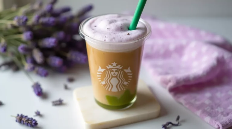 Glass of iced coffee topped with creamy lavender cold foam