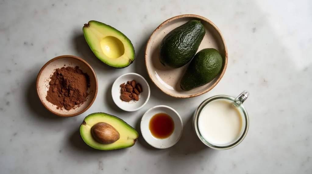 Avocados, cacao powder, almond milk, and monk fruit sweetener on a kitchen counter