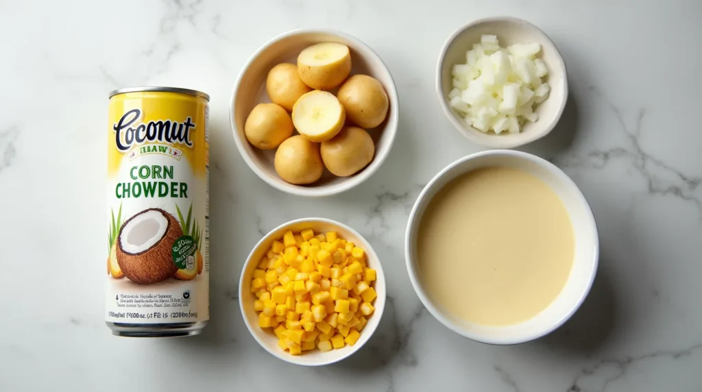 Coconut milk, corn, potatoes, onion, and garlic prepped on a kitchen counter