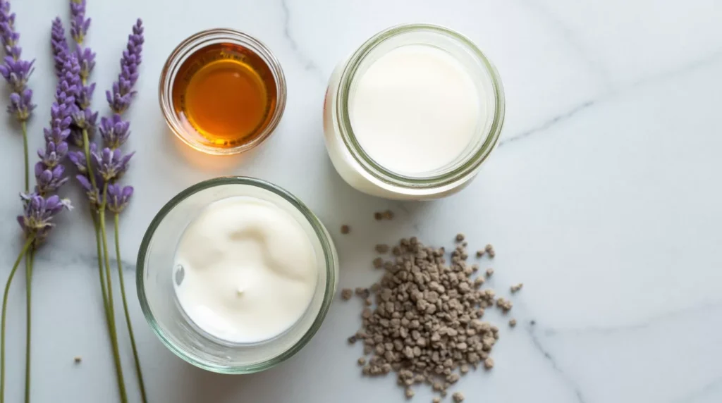 Dried lavender buds, milk, cream, and syrup on kitchen counter