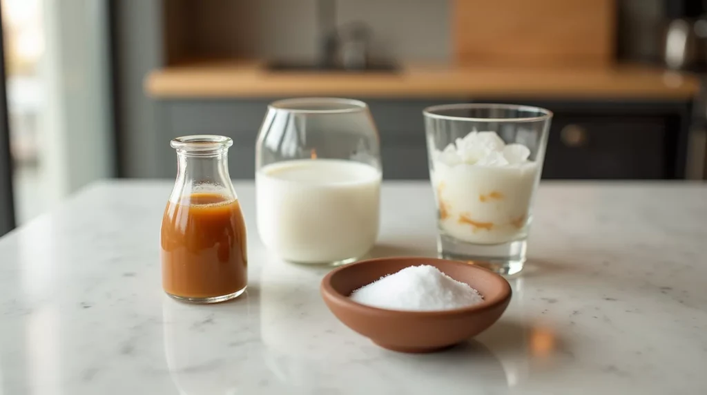 Caramel syrup, cream, milk, salt, and cold brew ingredients flat lay