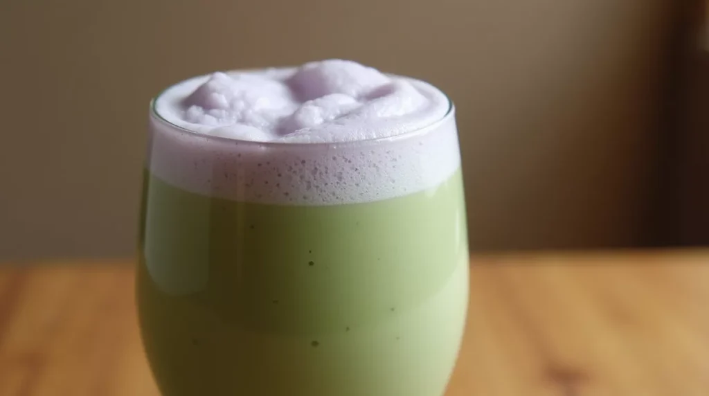 Iced matcha latte topped with lavender cold foam in glass