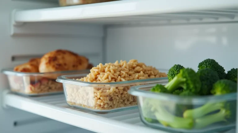 image of meal prep containers with chicken, rice, and broccoli stacked neatly in an ordinary refrigerator