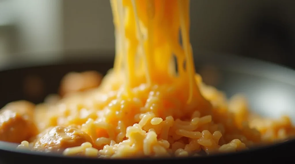 Cheese melting on top of cooked chicken and rice in skillet
