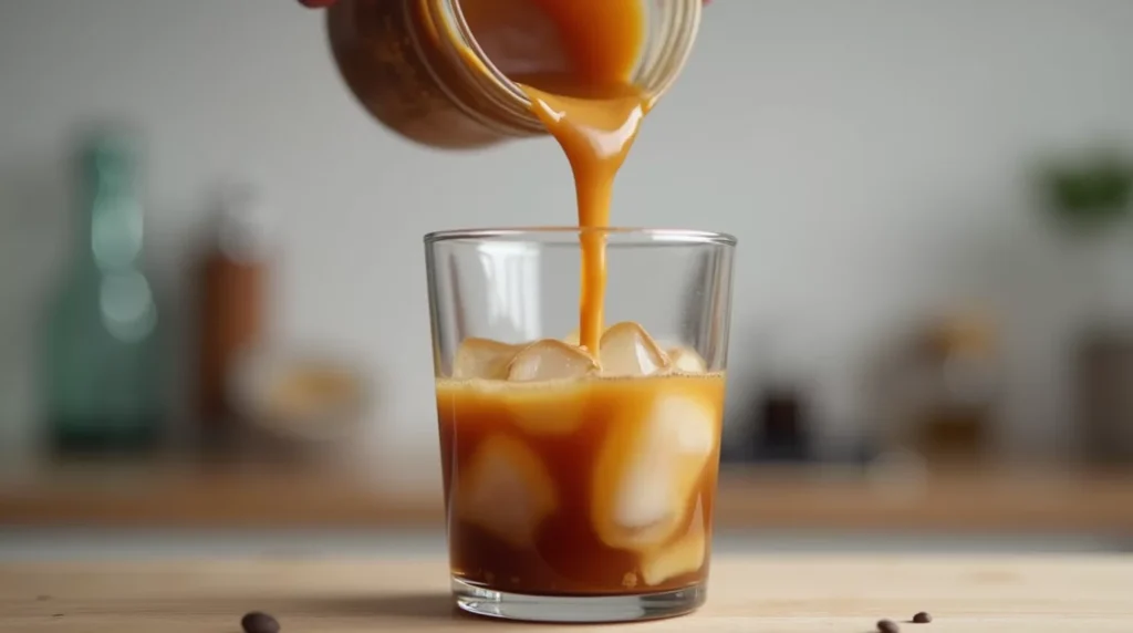 Pouring salted caramel cold foam into a glass of iced coffee