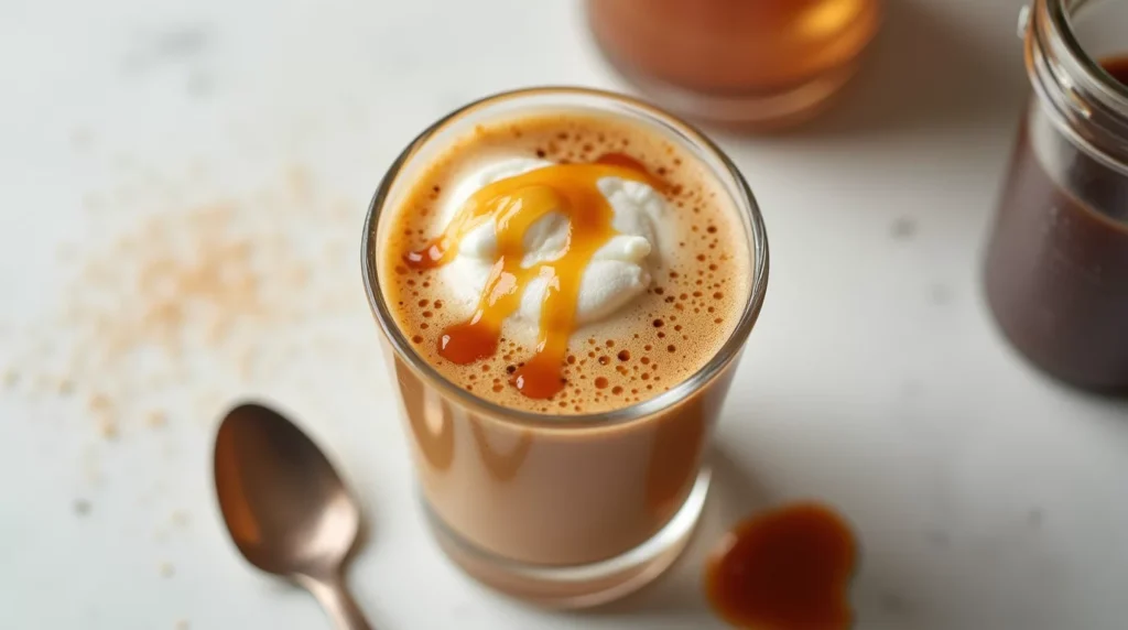 Salted caramel cold foam iced coffee with spoon and caramel drizzle