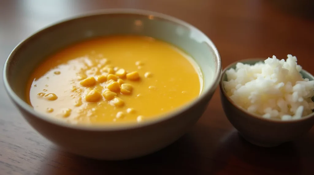Bowl of corn chowder served next to a bowl of white rice on a kitchen table