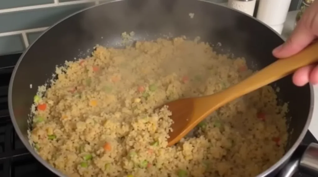 Chicken and rice simmering with spices in a skillet on stovetop