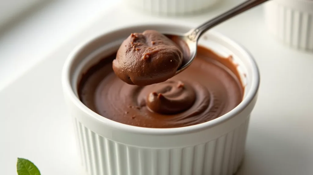A spoon scooping thick sugar-free chocolate mousse from a ramekin