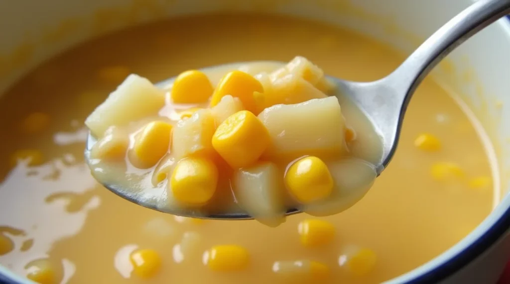 Spoon in a bowl of Hawaiian corn chowder with visible corn and potatoes