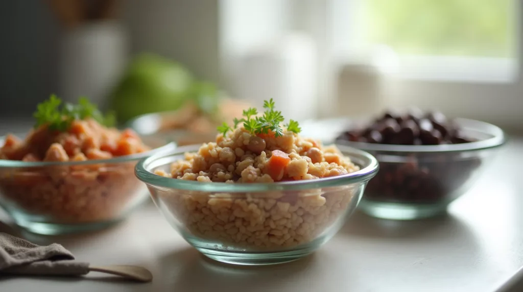 Three turkey-and-bean protein bowls cooling on a kitchen counter