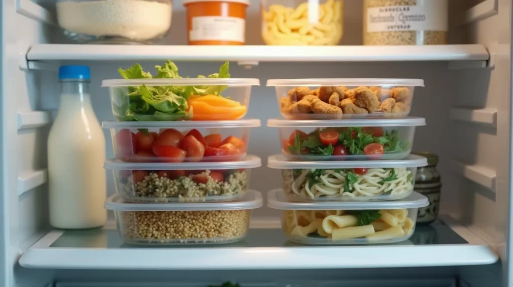 Realistic photo of plastic meal prep containers with different meals stacked in a home fridge