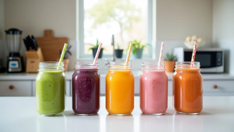 A lineup of vibrant 7 day smoothie detox in jars on a kitchen counter with natural light